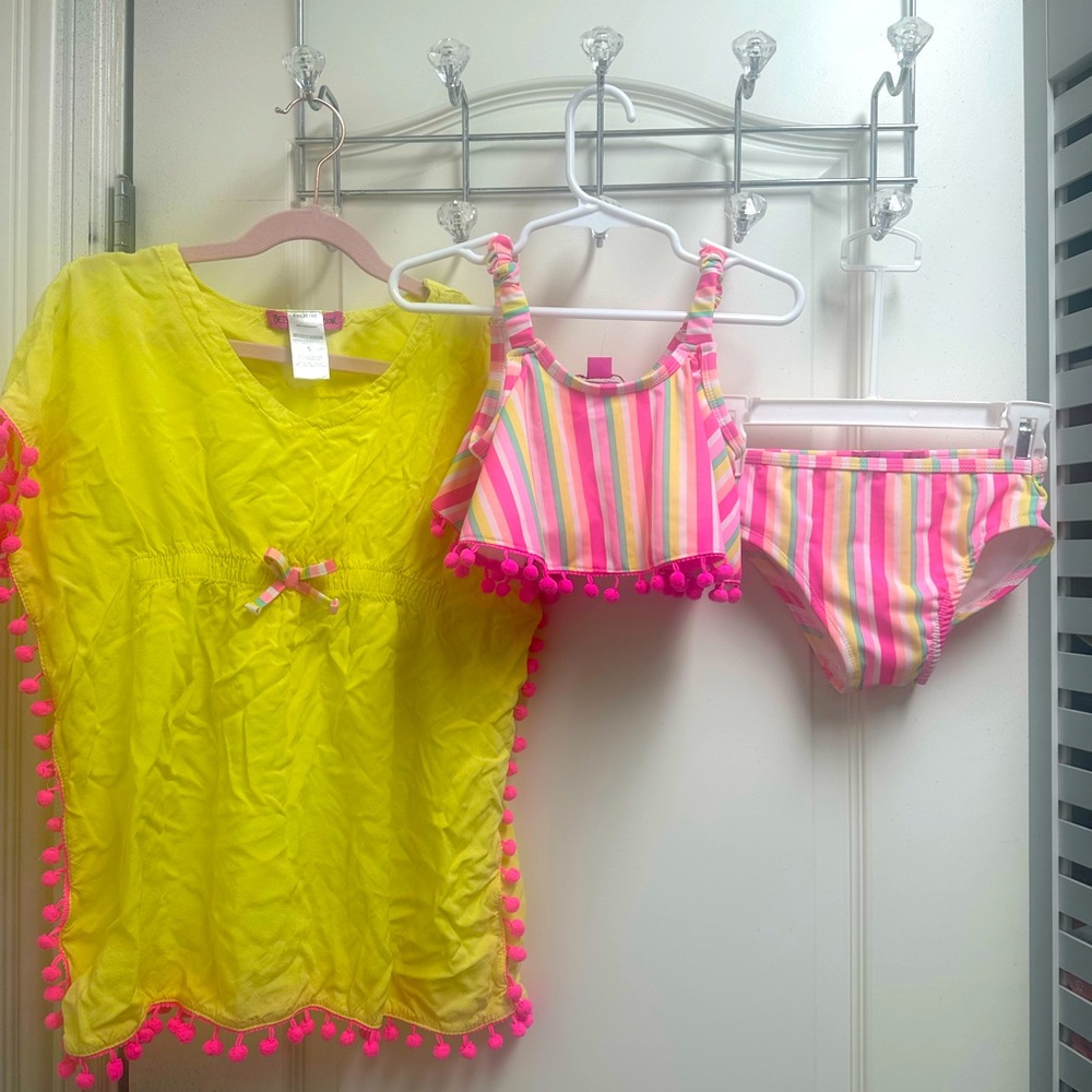 Girls SZ 5 Betsey Johnson Pink & Multicolor Striped Bikini Matching Cover Up